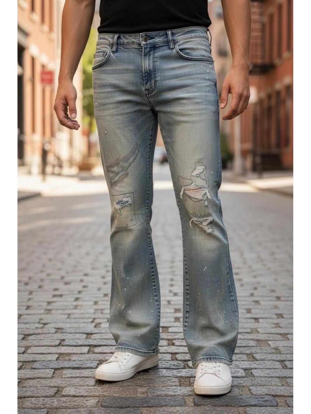 Embellish Distressed Paint Splatter Jeans Men's Blue Denim Streetwear Size 40